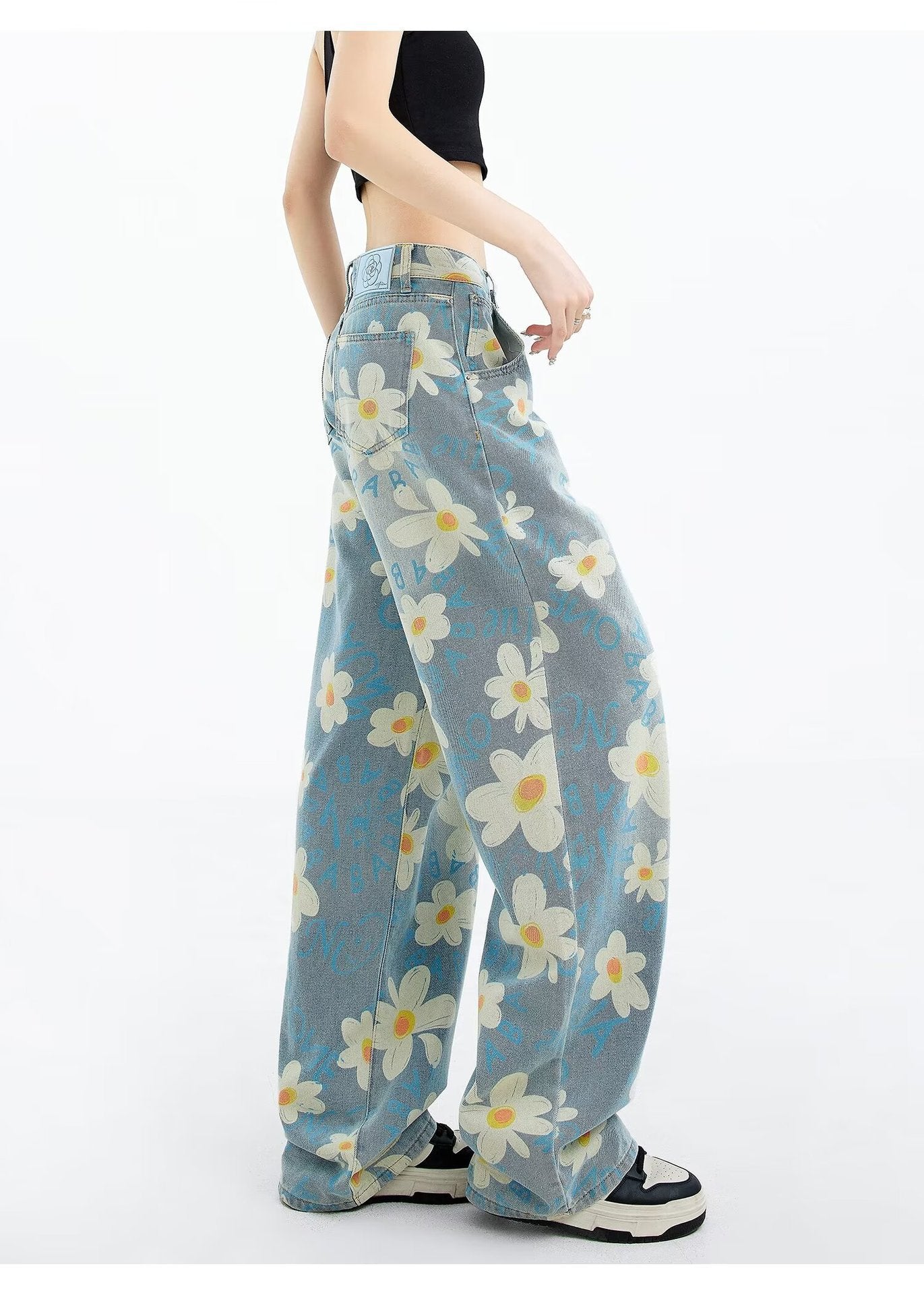 New Summer Printed Floral Wide-leg Washed Jeans For Women