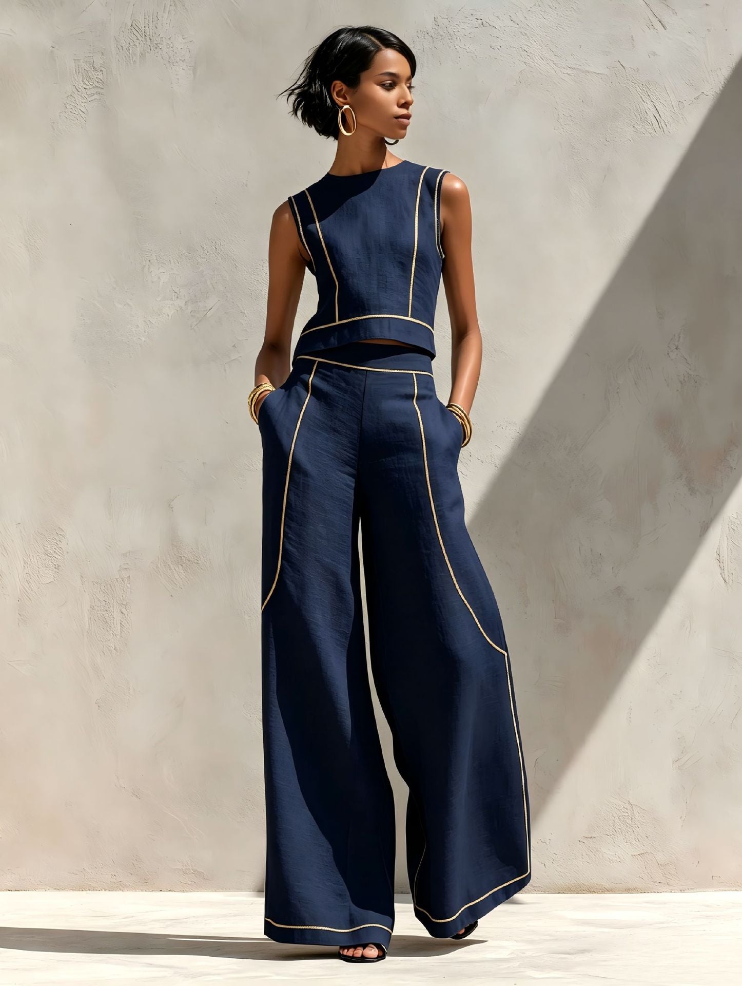 Sleeveless Color-Block Wide-Leg Pants Set Womens Summer Casual Chic Two-Piece Outfit