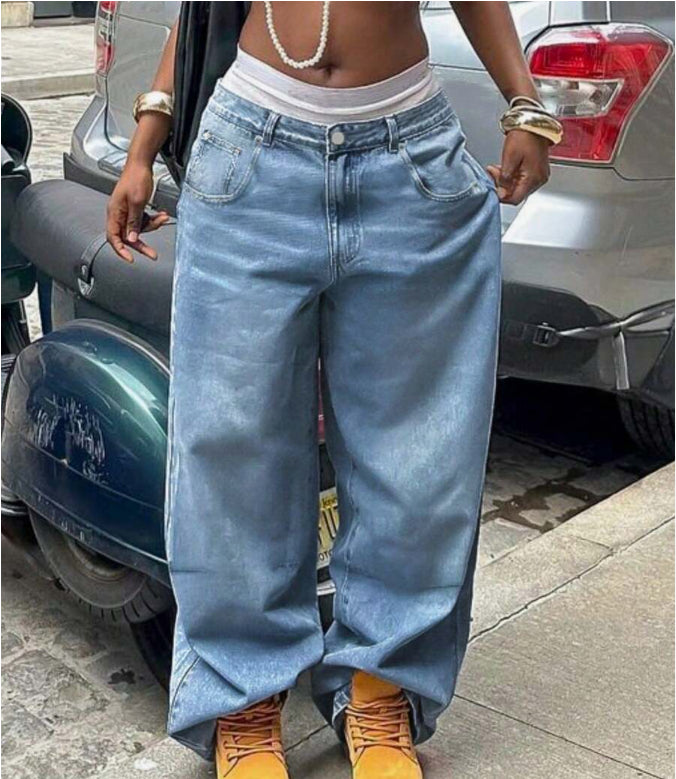 Street Style Loose Distressed Retro Washed Wide Leg Jeans