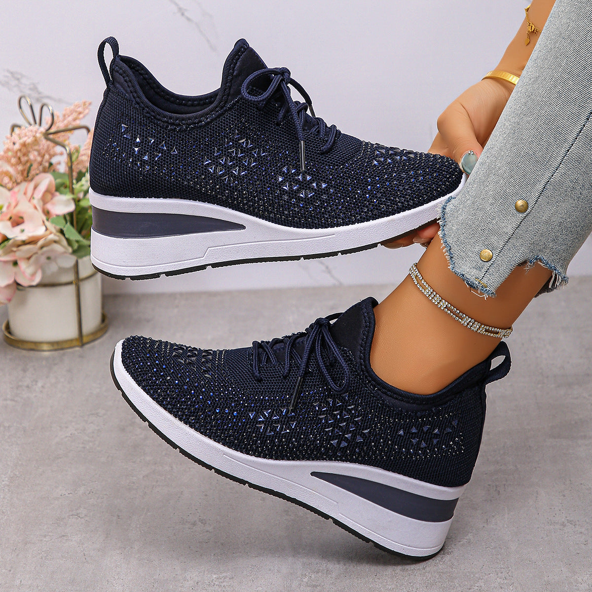 Ins Rhinestone Sneakers Fashion Lace Up Wedges Casual Shoes Women's Daily Commuting Sports Shoes