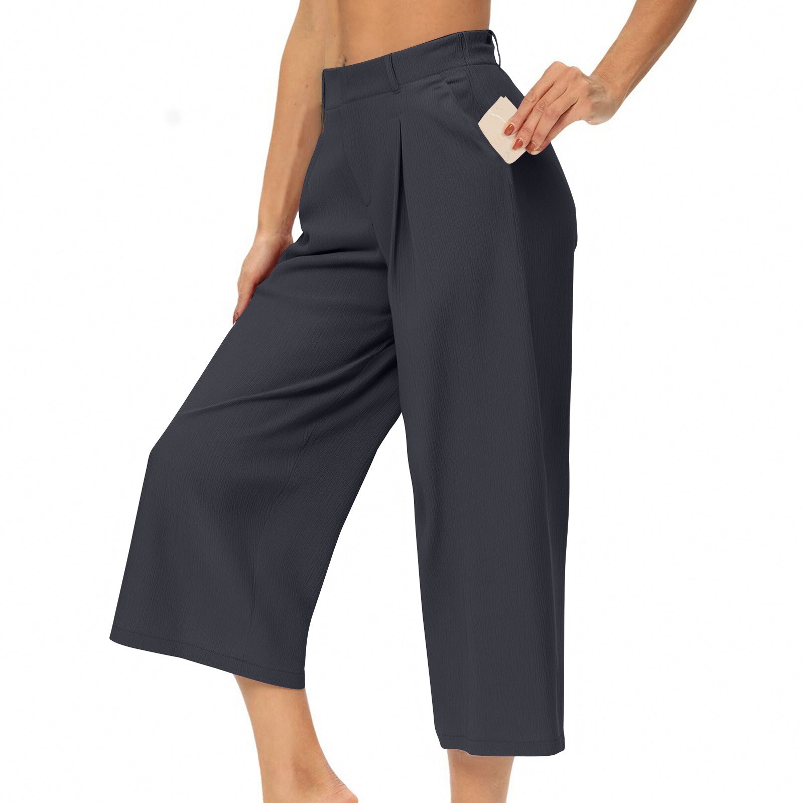 Womens Summer Solid-Color Casual High-Waisted Wide-Leg Cropped Trousers With Side Pockets