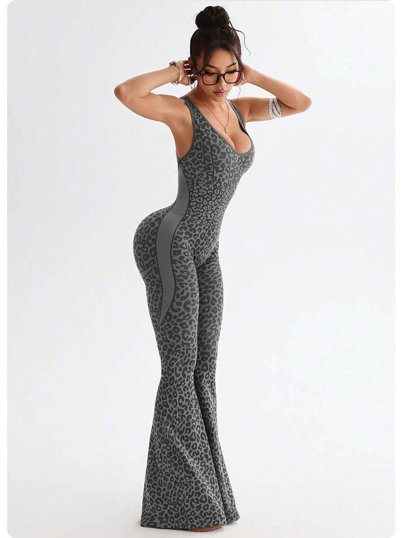 Women's Casual Sports Leopard Print Cross Beauty Back Jumpsuit