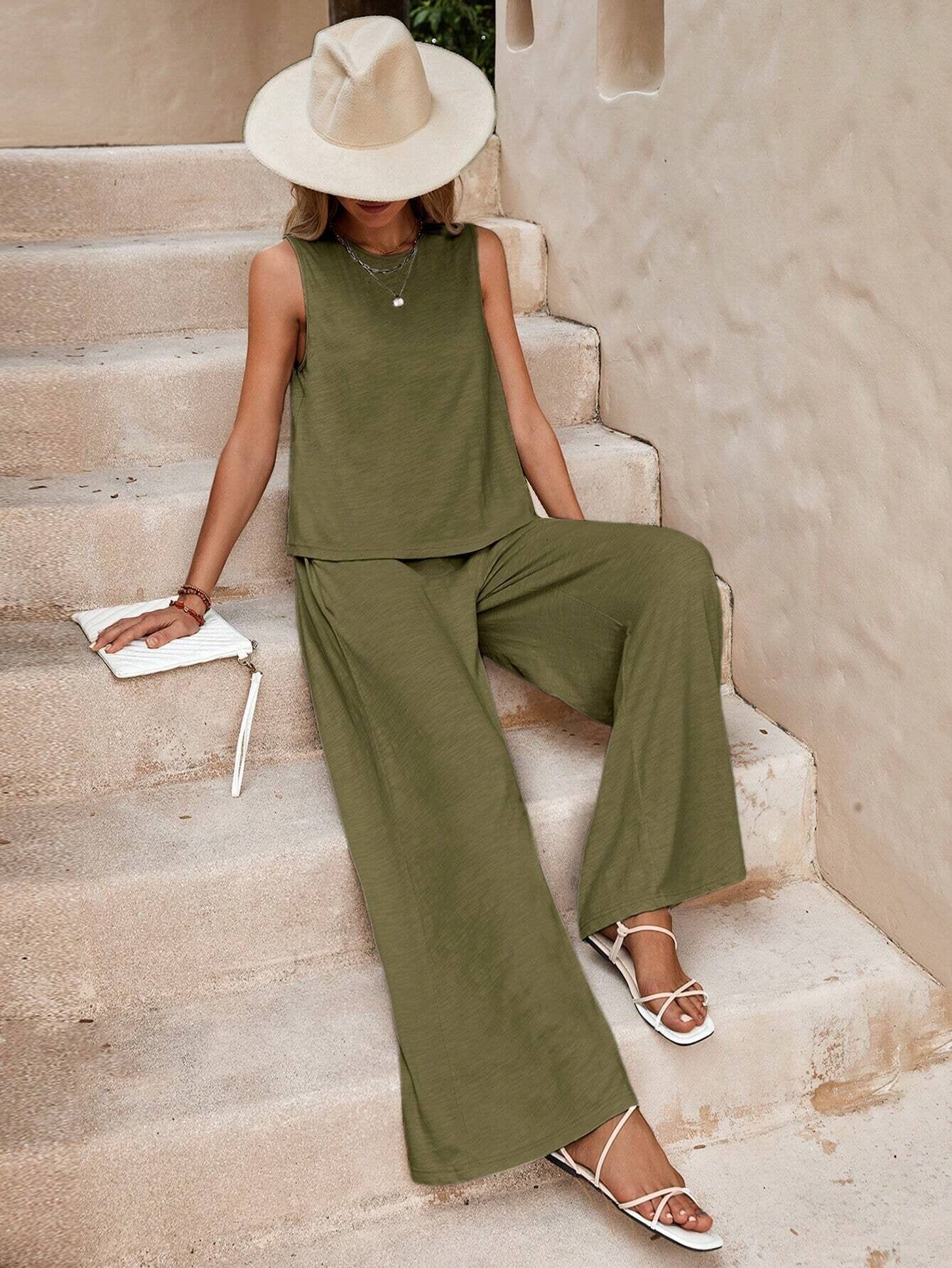 Solid Color Casual Loose Pants Sets For Women Elegant Spring Summer Women's Two Pieces Suit Full Trouser Set Female Outfit Clothes