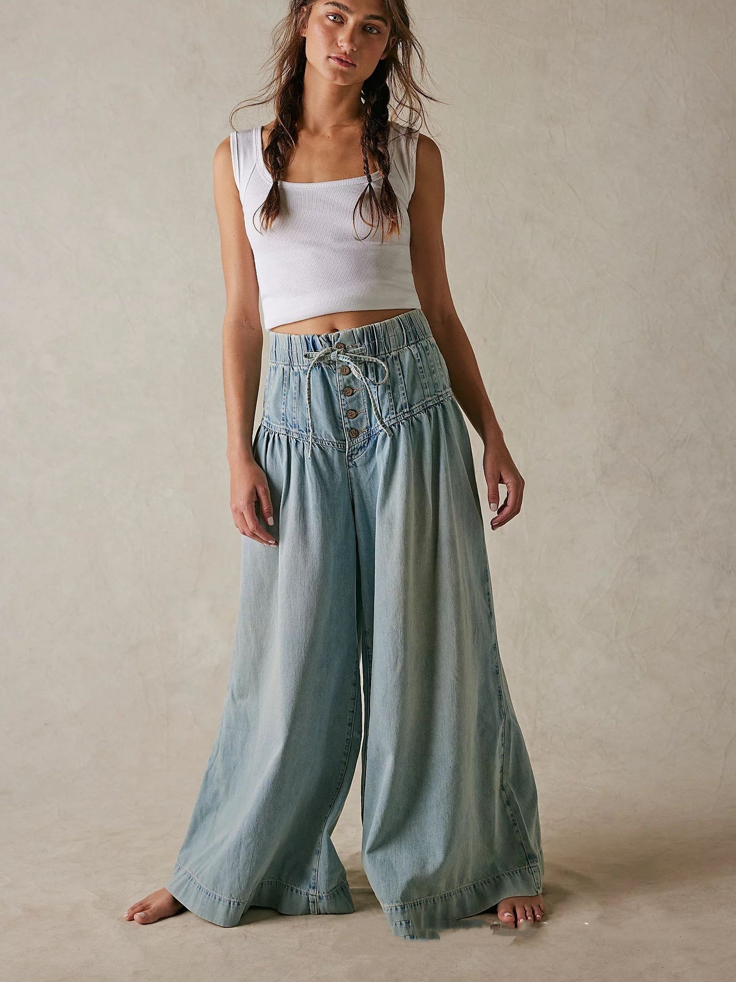 Womens Pleated Mid-Waist Lace-Up Loose Wide-Leg Denim Jeans