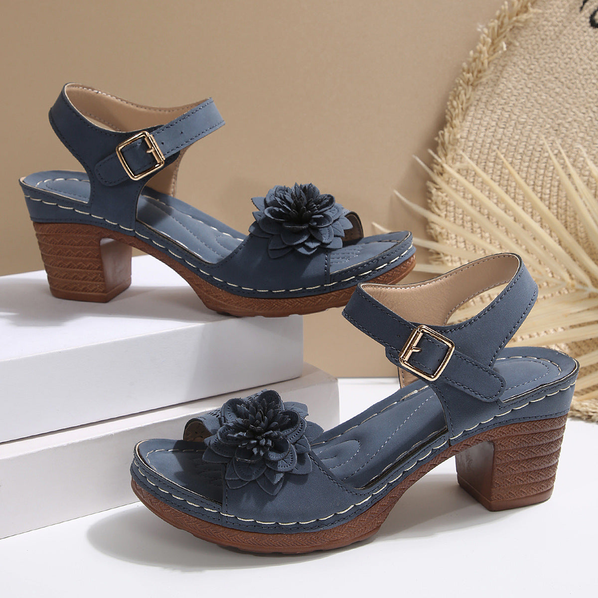 Women's Flowers Chunky Heel Sandals Summer Plus Size Platform Shoes