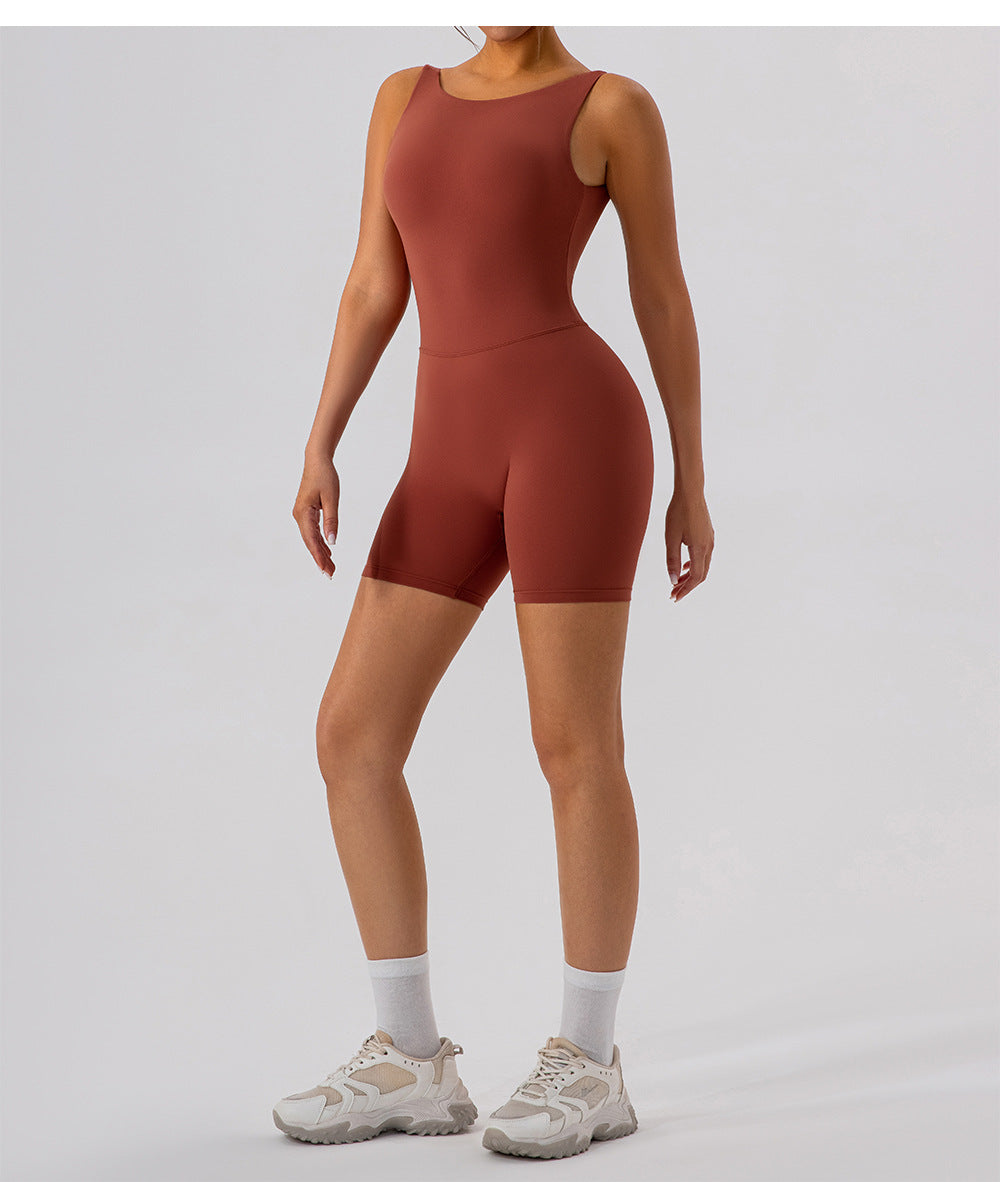 Nude Feel Hollow-out Beauty Back Yoga Jumpsuit Shorts For Women