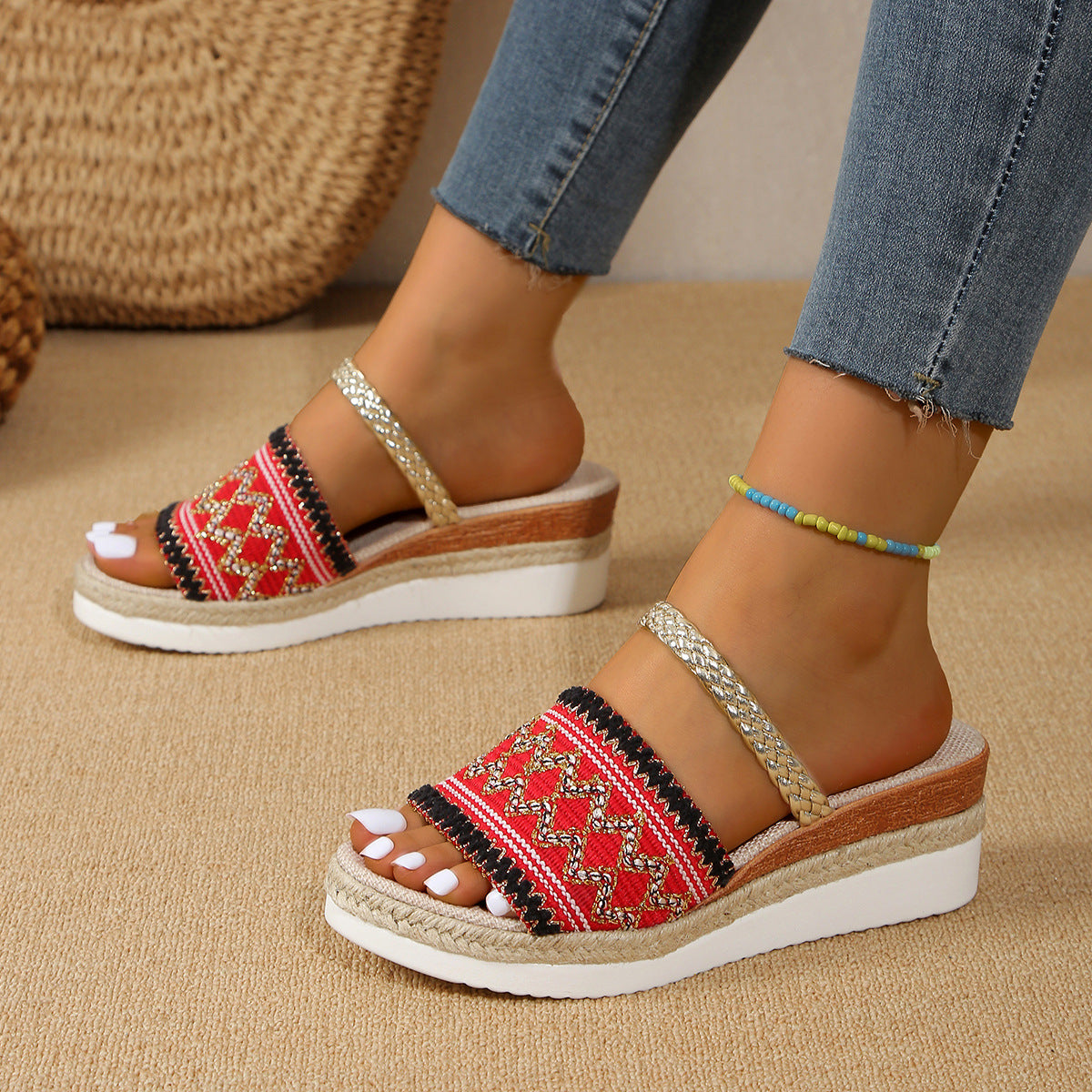 New Color-blocked Wave-patterned Sandals Summer Fashion Wedges Slippers Outdoor Ethnic Style One-line Thick-soled Shoes For Women