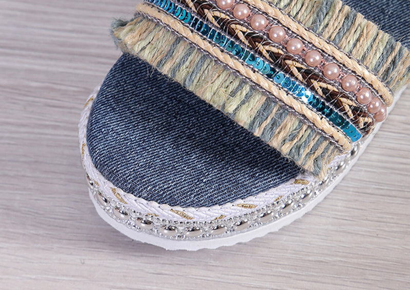 Fashion Tassel Denim Sandals With Thick-soled Flat Heel New Summer Hemp Rope Sole Ethnic Style Shoes For Women