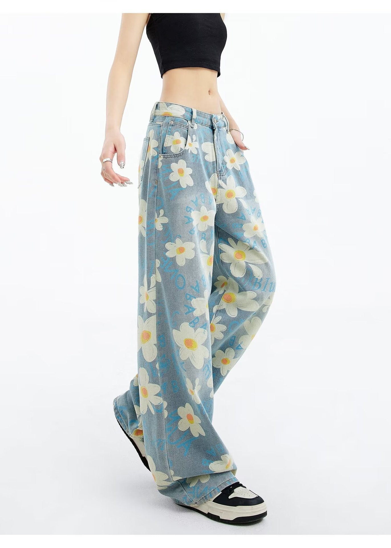 New Summer Printed Floral Wide-leg Washed Jeans For Women