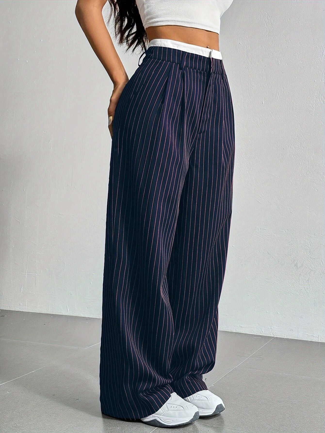 Stripe Printed Trousers Fashion High Waist Straight Leg Pants With Pocket Zipper Casual Suit Pants For Women