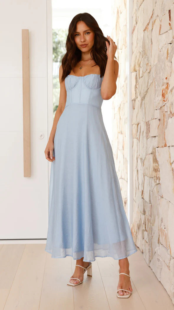 Strap-printed Backless Dress With A Slit At The Hem