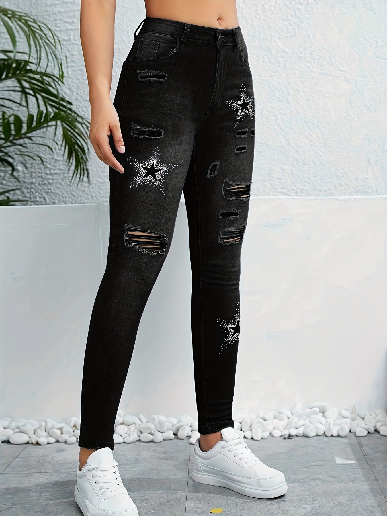 Stylish Ripped Distressed Color-blocked Versatile Star-print Skinny Denim Jeans