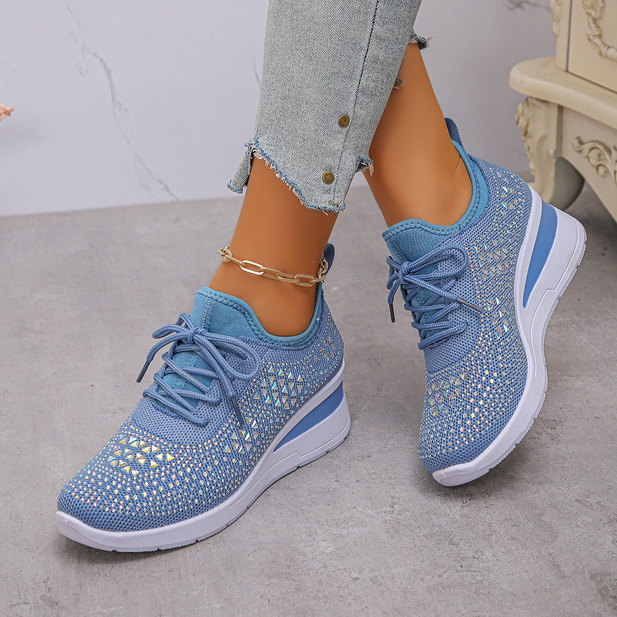 Ins Rhinestone Sneakers Fashion Lace Up Wedges Casual Shoes Women's Daily Commuting Sports Shoes