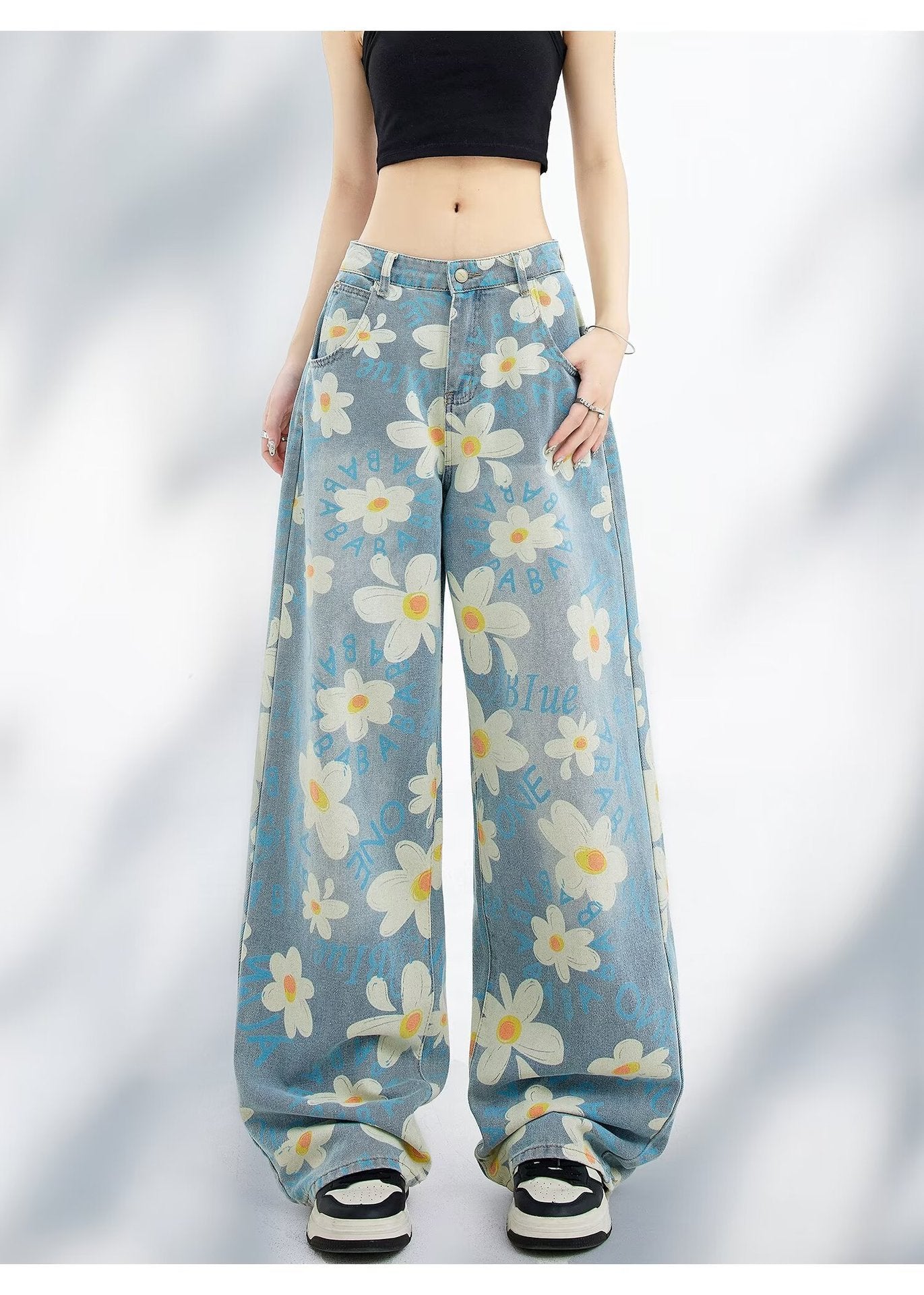 New Summer Printed Floral Wide-leg Washed Jeans For Women
