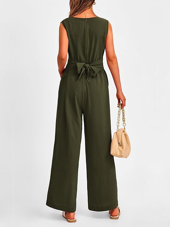 New V-neck Sleeveless Long Jumpsuit With Pockets And Lace-up Design Wide-leg Straight Trousers Summer Womens Clothing