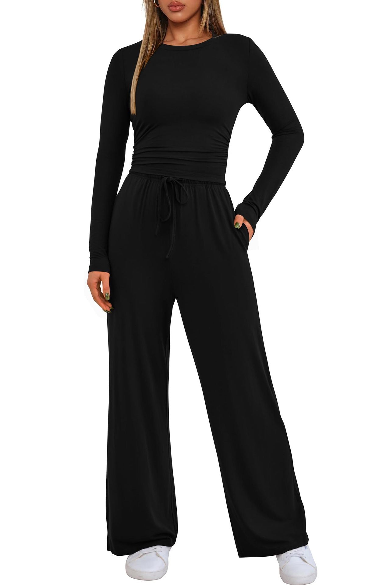 2 Pieces Women's Suit Autumn Winte Long Sleeve Tops High Waisted Wide Leg Pants Sportswear Female Clothes Solid Color Casual Suit