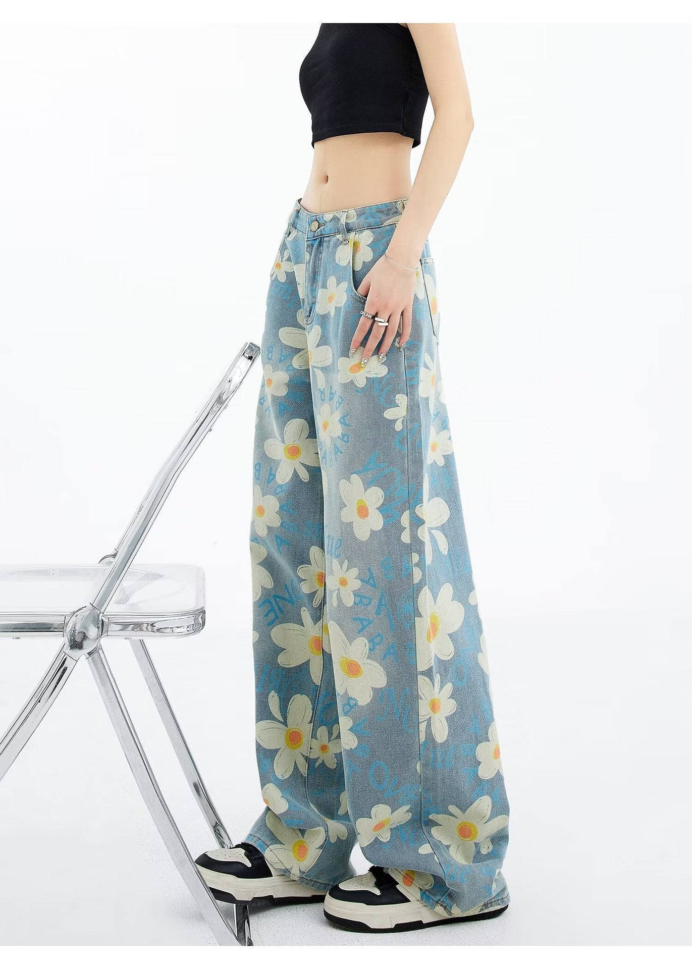 New Summer Printed Floral Wide-leg Washed Jeans For Women