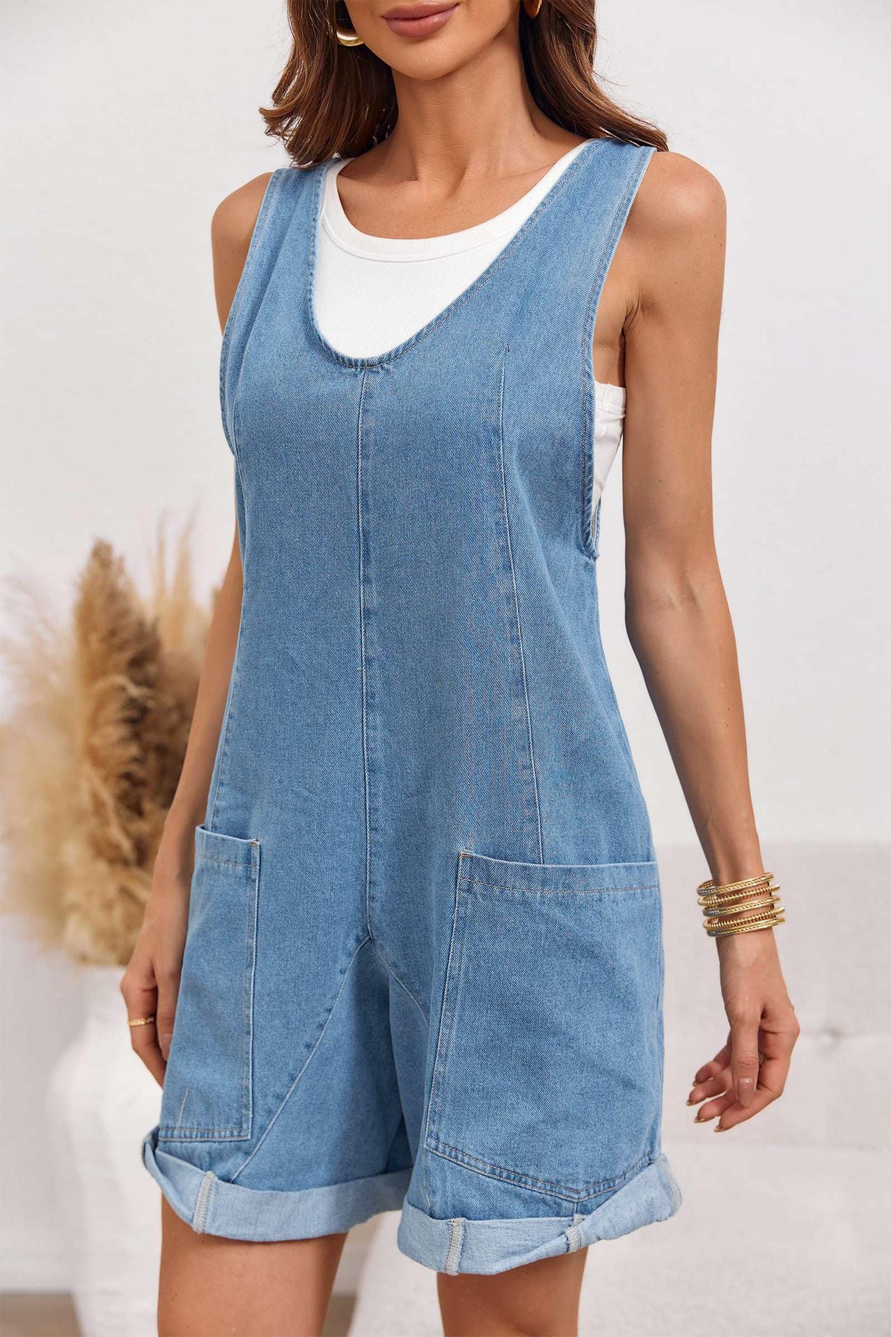 Summer Wide-pocket Loose Casual Convertible-cuff Jumpsuit