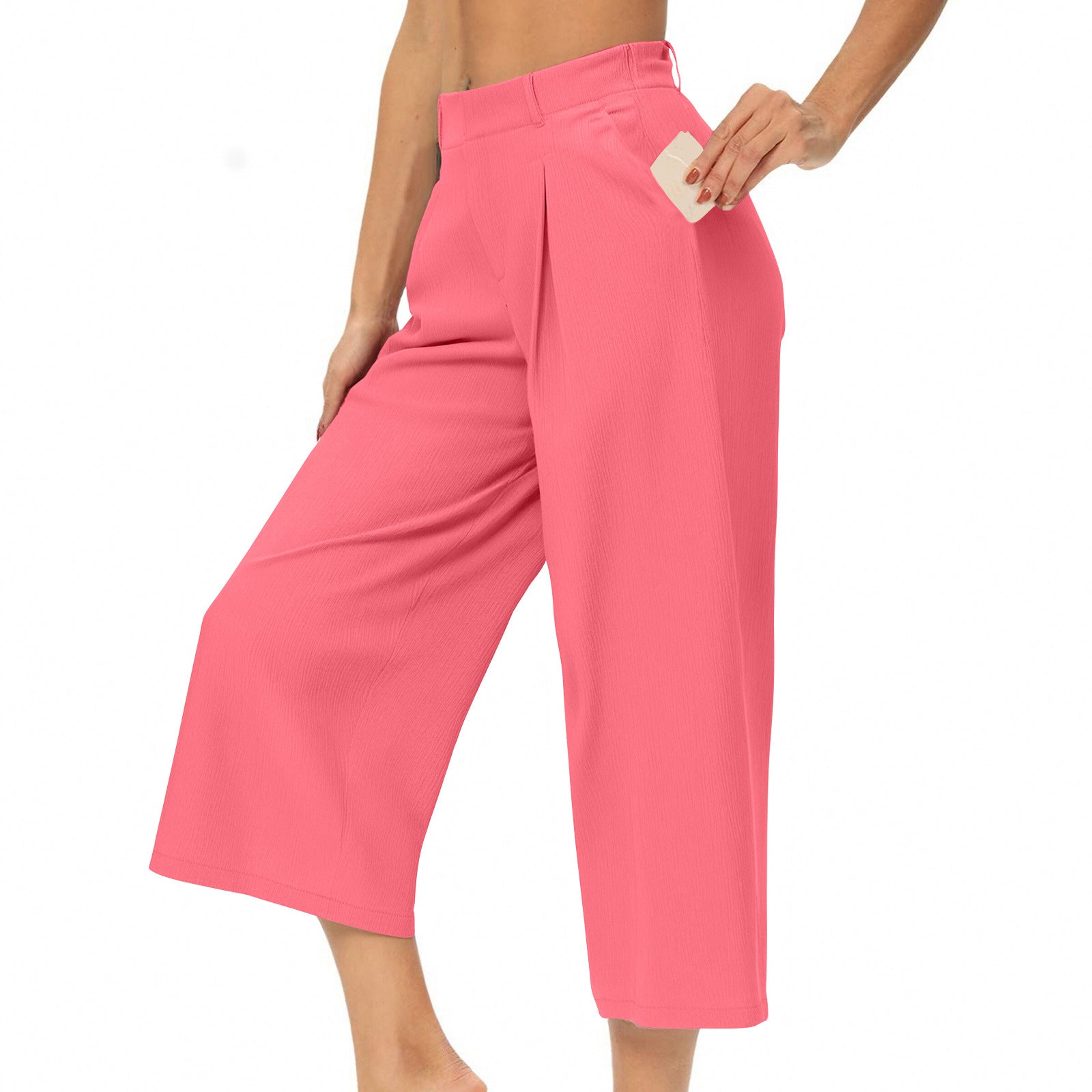 Womens Summer Solid-Color Casual High-Waisted Wide-Leg Cropped Trousers With Side Pockets