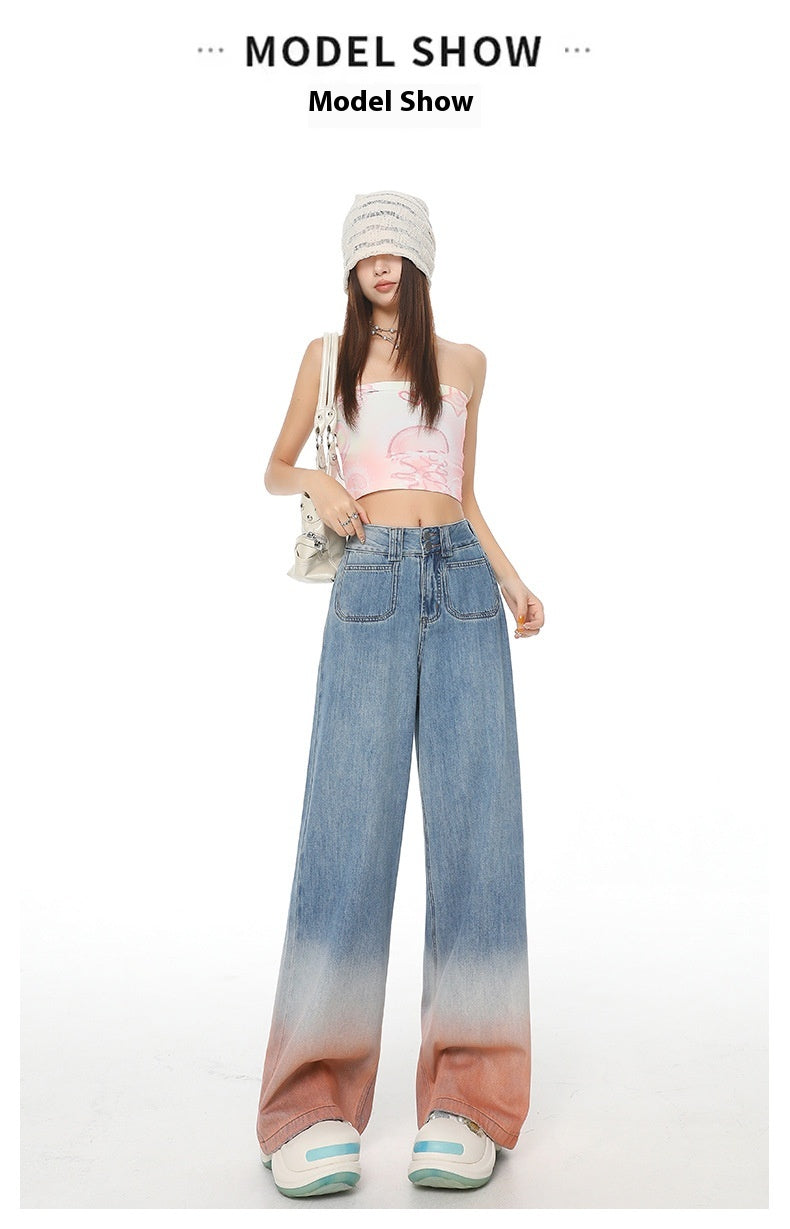 Gradient Color High Waist Wide Leg Jeans For Women Loose-fitting Mopping Pants