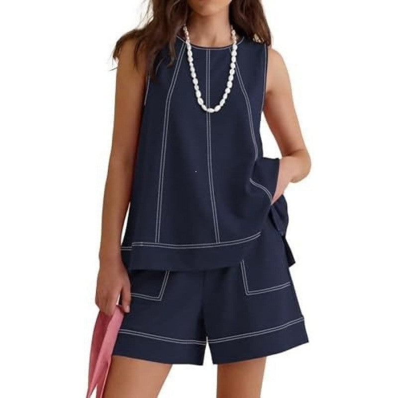 Summer Crew-neck Sleeveless Tank Top With Drawstring