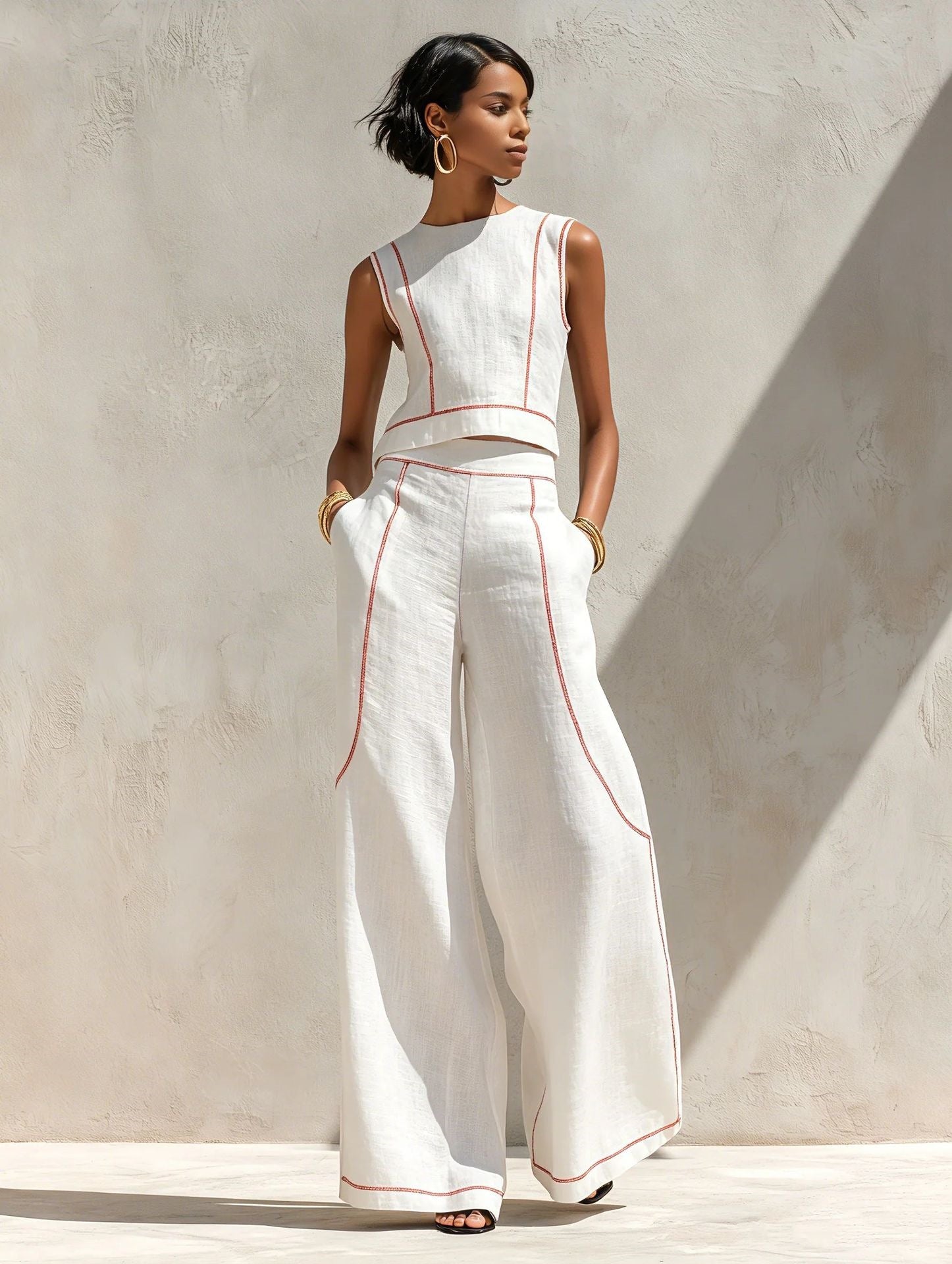 Sleeveless Color-Block Wide-Leg Pants Set Womens Summer Casual Chic Two-Piece Outfit