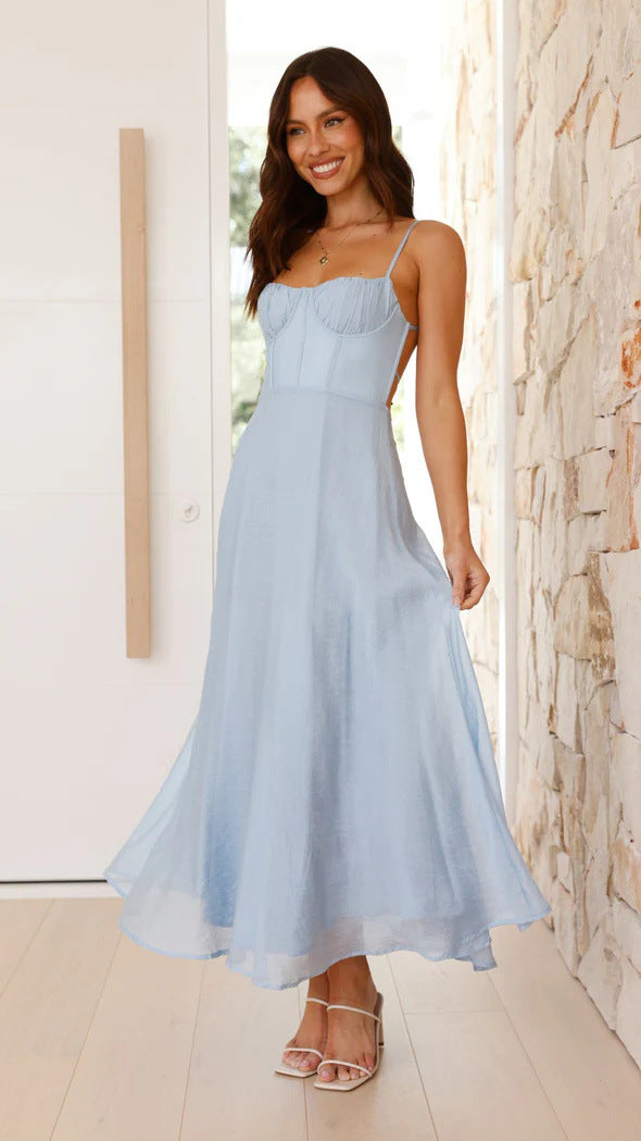 Strap-printed Backless Dress With A Slit At The Hem