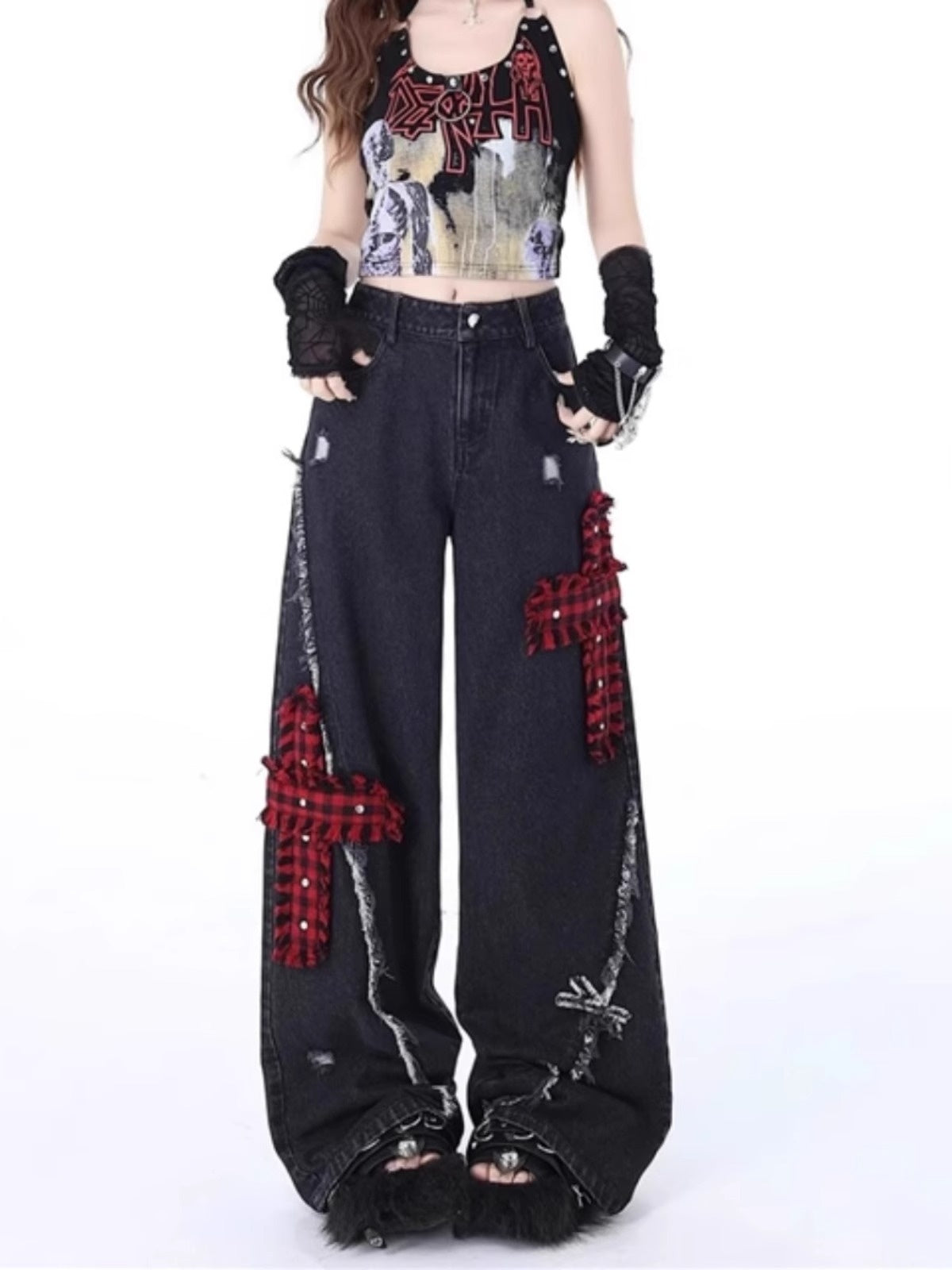 Retro Tattered Stitching Red Plaid Jeans