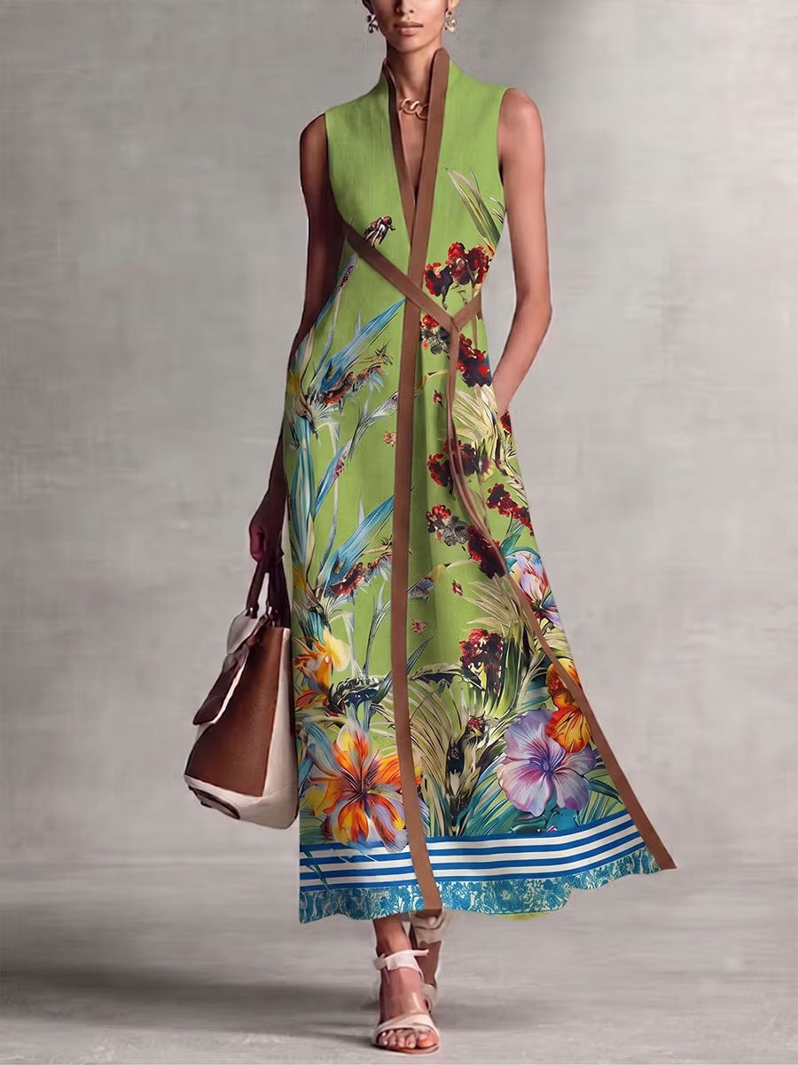Sleeveless Long V-neck Printed Patchwork Dress