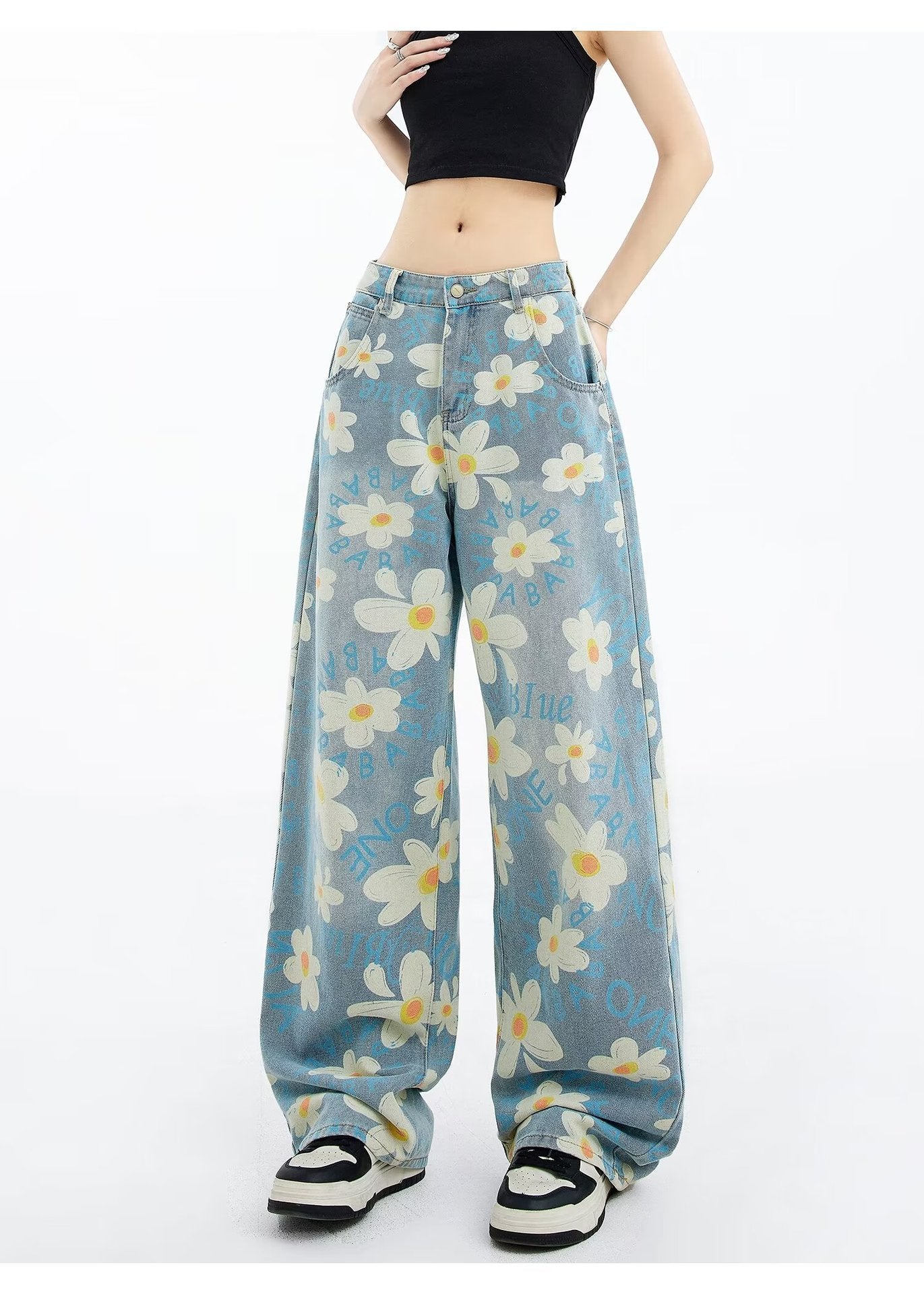 New Summer Printed Floral Wide-leg Washed Jeans For Women