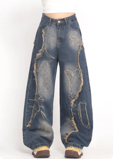 Deconstructed Embroidered Washed Jeans For Women, Autumn