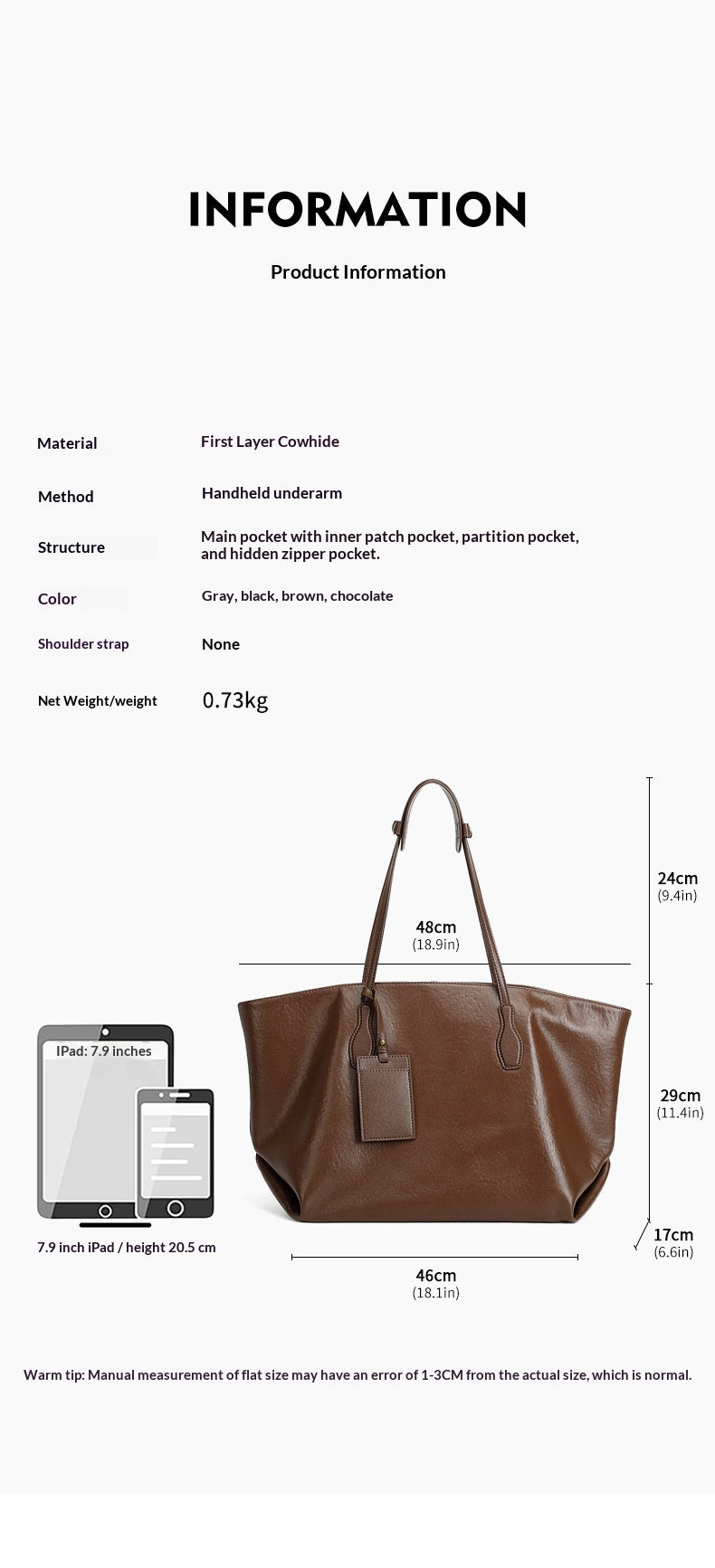 Top-layer Vegetable-tanned Leather Niche Large-capacity Tote Bag