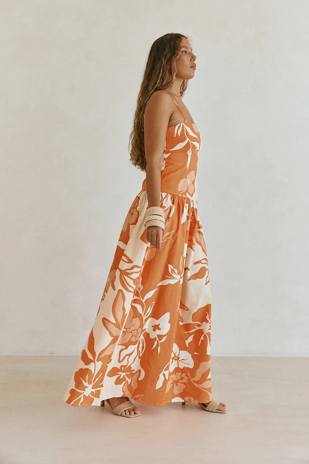 Printed Off-shoulder Slim-fit Strap Dress
