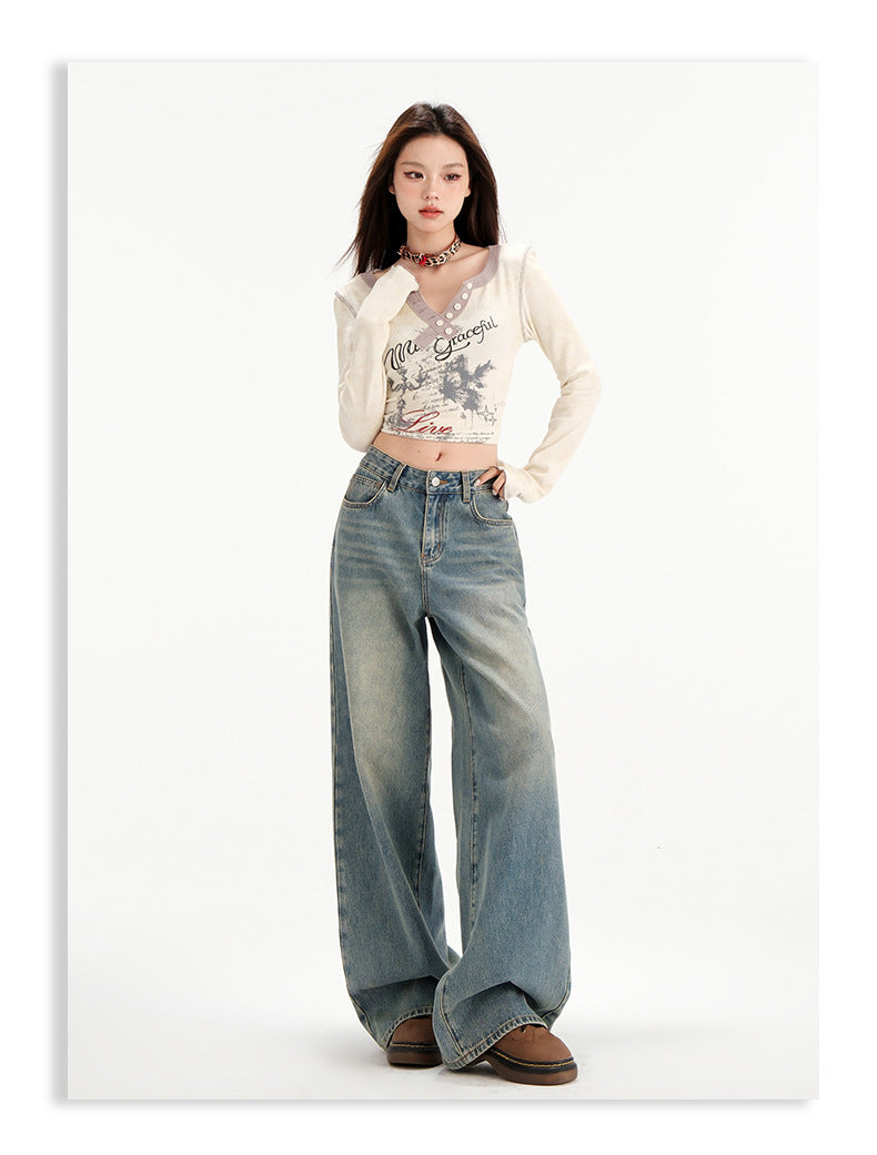 Retro Straight All-matching Loose Drooping Wide Leg Jeans