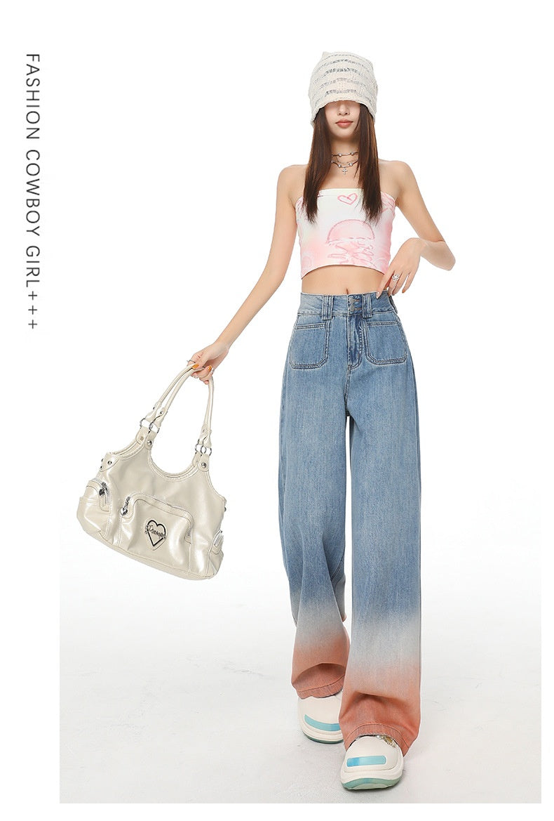 Gradient Color High Waist Wide Leg Jeans For Women Loose-fitting Mopping Pants