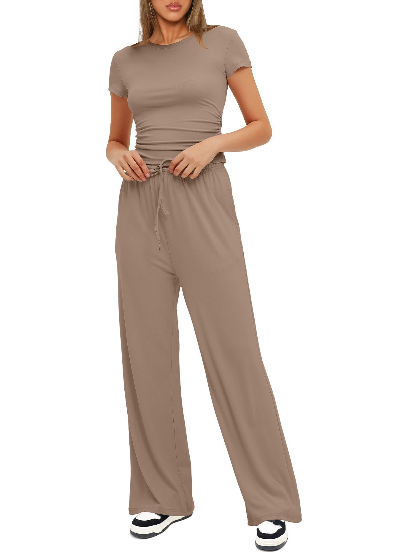 2pcs Solid Color Casual Sports Yoga Suit Short-sleeved Top And High-waisted Drawstring Wide-leg Pants Summer Fashion Set For Womens Clothing