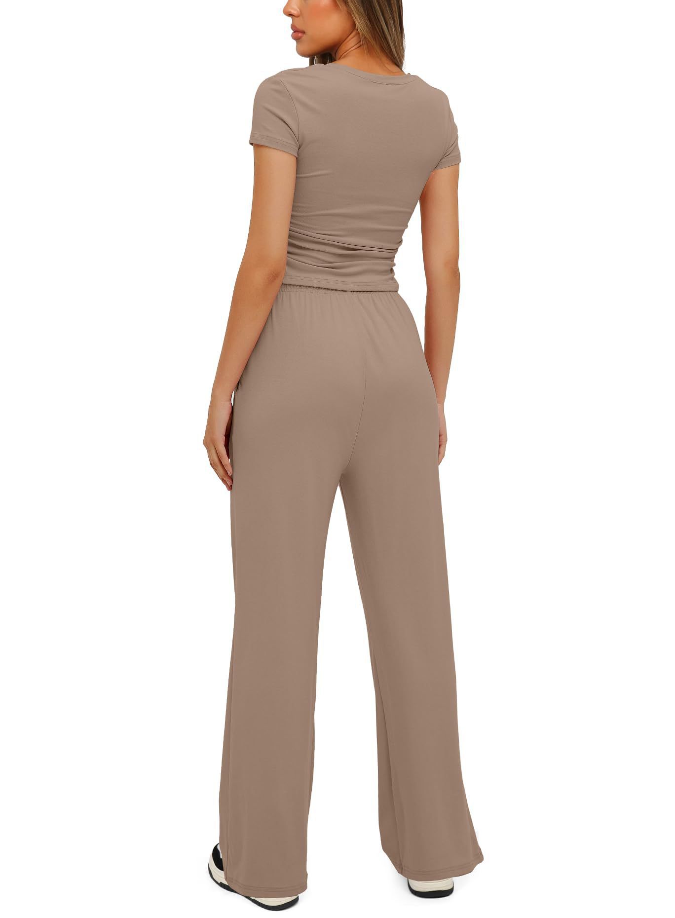 2pcs Solid Color Casual Sports Yoga Suit Short-sleeved Top And High-waisted Drawstring Wide-leg Pants Summer Fashion Set For Womens Clothing