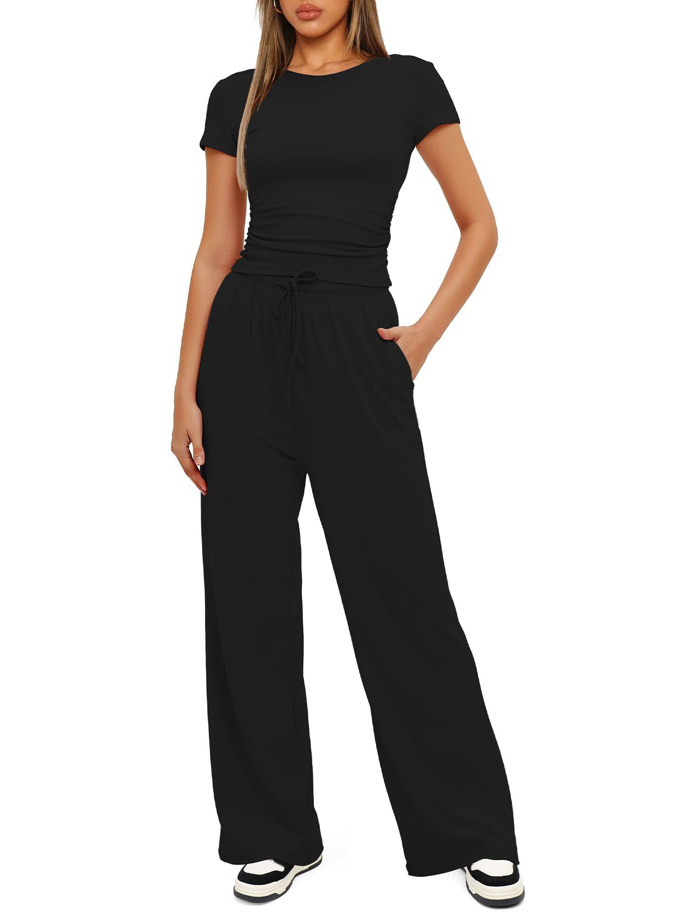 2pcs Solid Color Casual Sports Yoga Suit Short-sleeved Top And High-waisted Drawstring Wide-leg Pants Summer Fashion Set For Womens Clothing