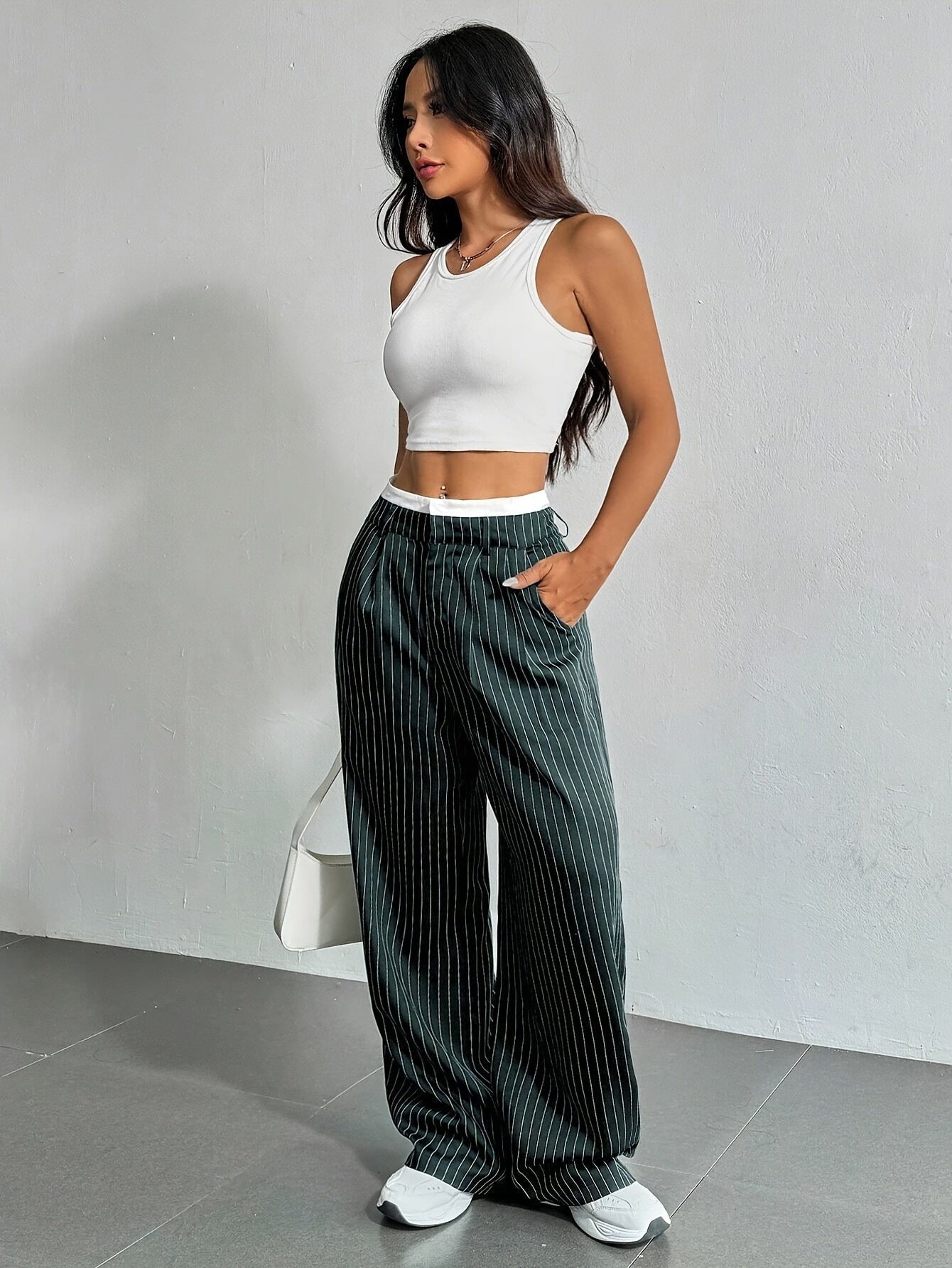 Stripe Printed Trousers Fashion High Waist Straight Leg Pants With Pocket Zipper Casual Suit Pants For Women