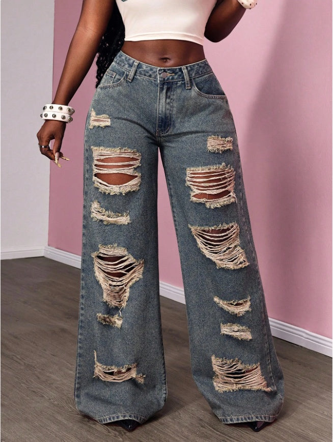 Women's Retro Distressed Kimchi Wide-leg Jeans