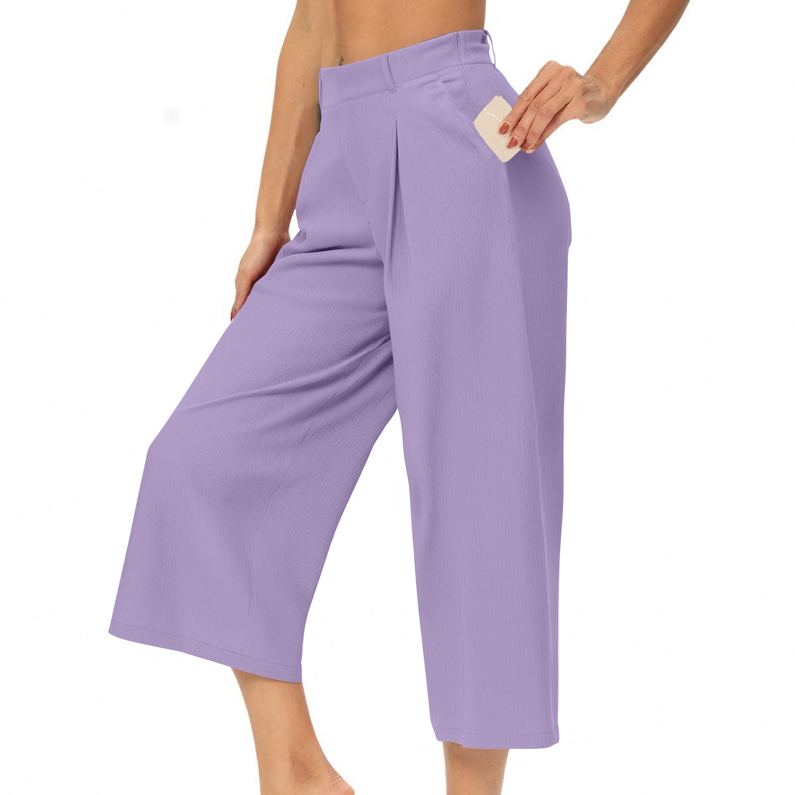 Womens Summer Solid-Color Casual High-Waisted Wide-Leg Cropped Trousers With Side Pockets
