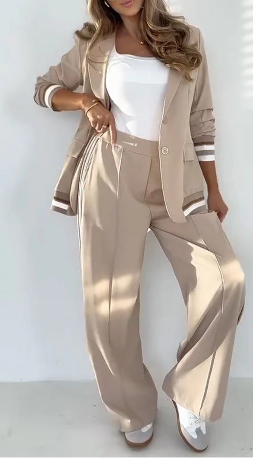 2 Pcs Set Women Suit Coat Pants Suit Lapel Long Sleeves Lady Jacket Wide Leg High Waist Trousers Female Commuting Office Outfit
