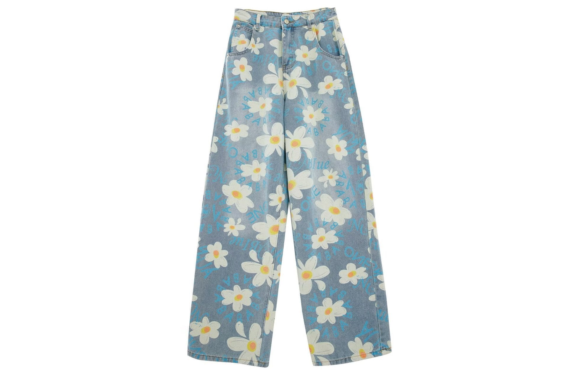 New Summer Printed Floral Wide-leg Washed Jeans For Women
