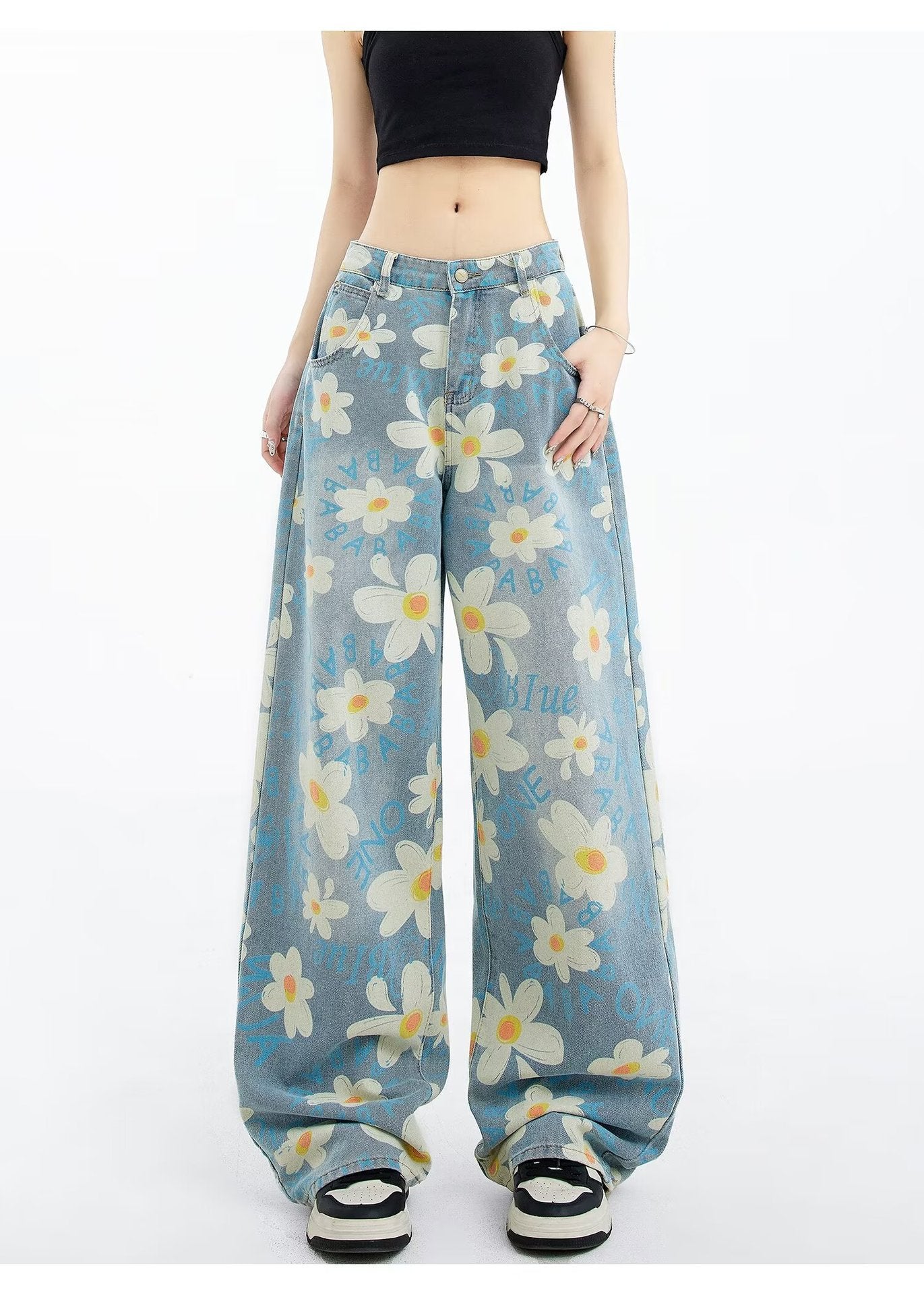 New Summer Printed Floral Wide-leg Washed Jeans For Women