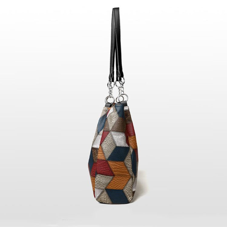 Retro Geometric Pattern Color-matching Shoulder Bag Fashion Large Capacity Stitching Handbag For Women Totes