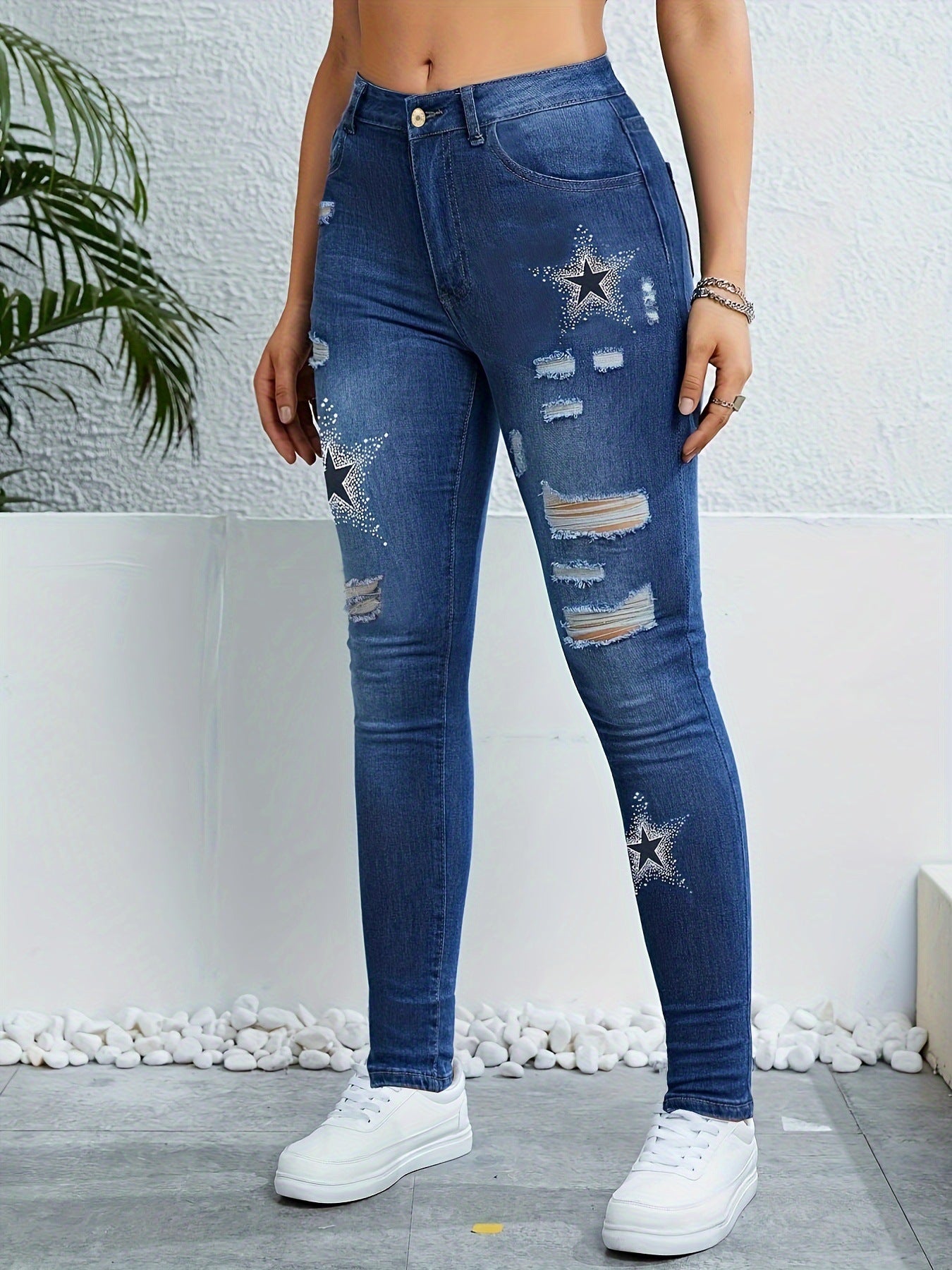 Stylish Ripped Distressed Color-blocked Versatile Star-print Skinny Denim Jeans