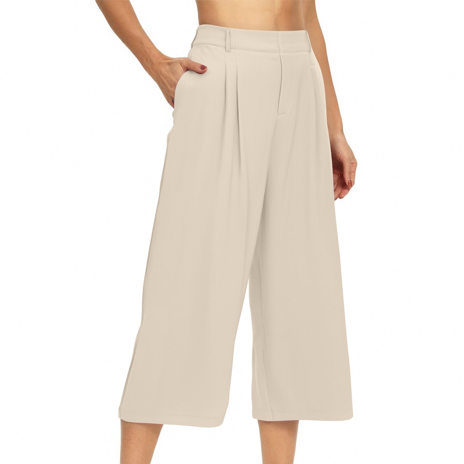 Womens Summer Solid-Color Casual High-Waisted Wide-Leg Cropped Trousers With Side Pockets