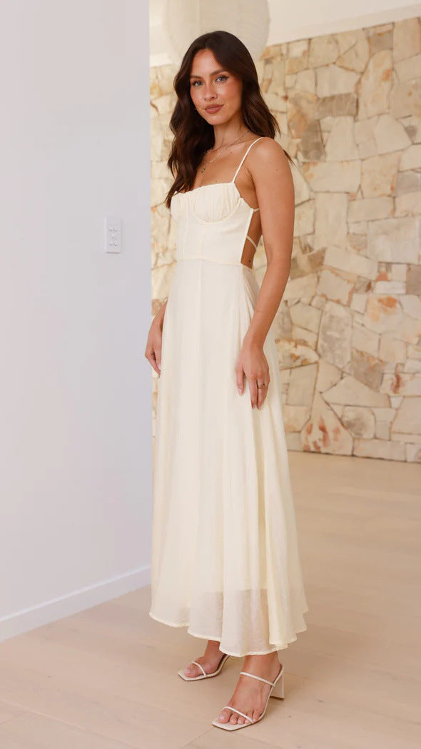 Strap-printed Backless Dress With A Slit At The Hem