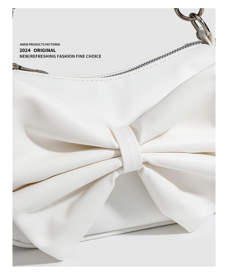 Black White PU Bow Handbags Autumn Winter Ladies Underarm Tote Bags Fashion Simple Pearl Chain Shoulder Bag Small Purse