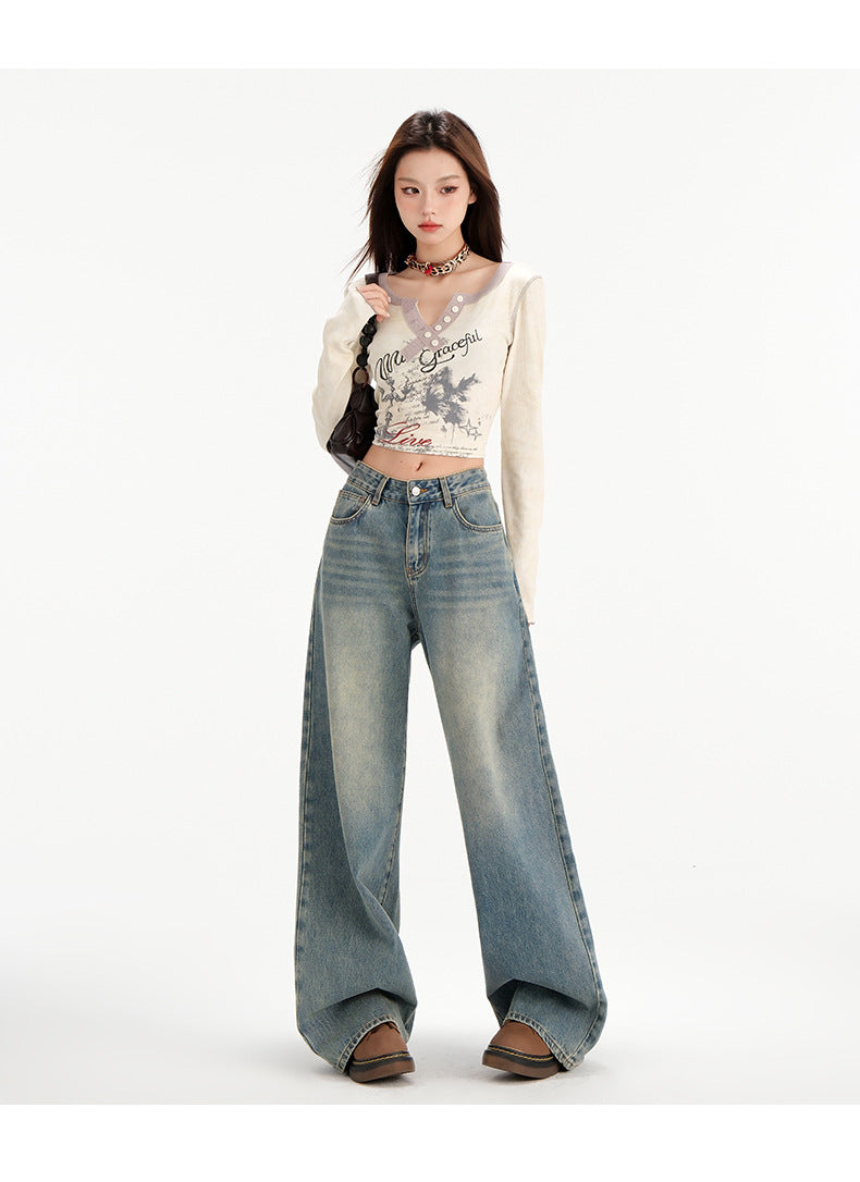 Retro Straight All-matching Loose Drooping Wide Leg Jeans
